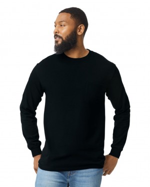 Black Men's Gildan 2410 Long Sleeve with Pocket T-Shirts | VOTL93502