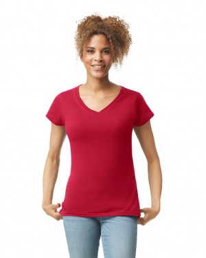 Cherry Red Women's Gildan 64V00L V-Neck T-Shirts | BGEV30965