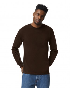 Dark Chocolate Men's Gildan 2400 Long Sleeve T-Shirts | NFMO93461