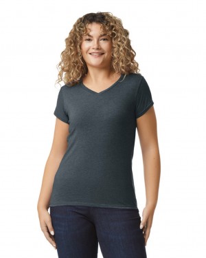 Dark Heather Women's Gildan 64V00L V-Neck T-Shirts | MYZS84235