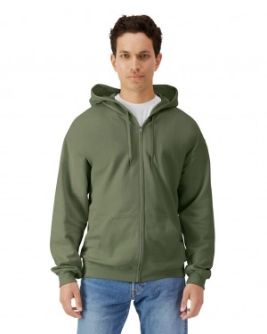 Military Green Men's Gildan SF600 Midweight Fleece Full Zip Hoodie Sweatshirt | UNLE89631