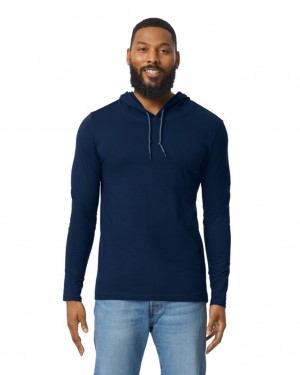 Navy Men's Gildan 987 Long Sleeve Hoodie T-Shirts | SWYN09524