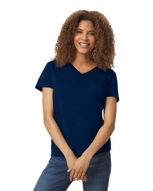 Navy Women's Gildan 5V00L V-Neck T-Shirts | UFBY75014