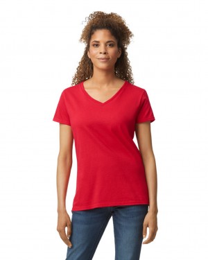 Red Women's Gildan 5V00L V-Neck T-Shirts | GNVU42719