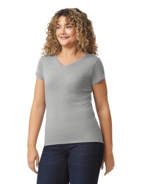 Ring Spun Sport Grey Women's Gildan 64V00L V-Neck T-Shirts | IGVC93862