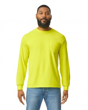 Safety Green Men's Gildan 2410 Long Sleeve with Pocket T-Shirts | CNOX63408