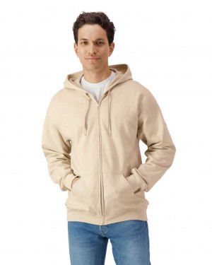 Sand Men's Gildan SF600 Midweight Fleece Full Zip Hoodie Sweatshirt | QONG16729