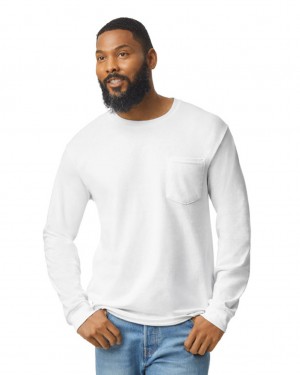 White Men's Gildan 2410 Long Sleeve with Pocket T-Shirts | ANIO91485