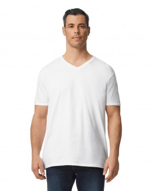 White Men's Gildan 64V00 V-Neck T-Shirts | LCNO79623