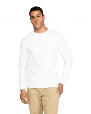 White Men's Gildan H400 Long Sleeve T-Shirts | FQBU39480