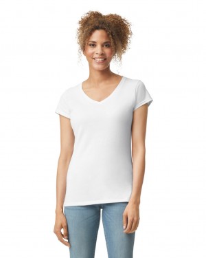 White Women's Gildan 64V00L V-Neck T-Shirts | LJMQ18540