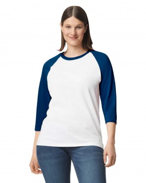 White / Navy Women's Gildan 5700 3/4 Raglan T-Shirts | XUWO82941