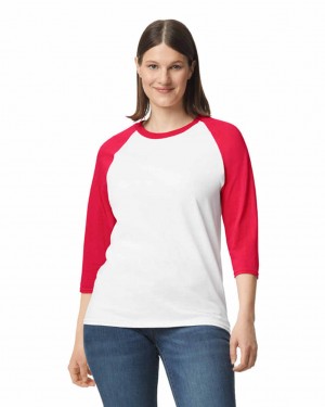 White / Red Women's Gildan 5700 3/4 Raglan T-Shirts | UEJM96045