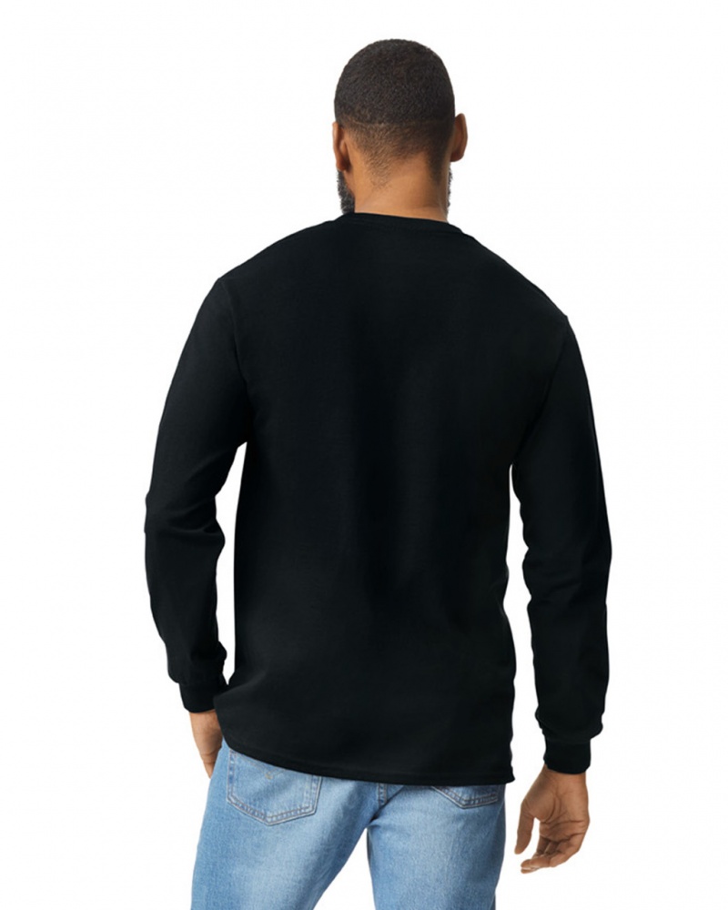 Black Men's Gildan 2410 Long Sleeve with Pocket T-Shirts | VOTL93502