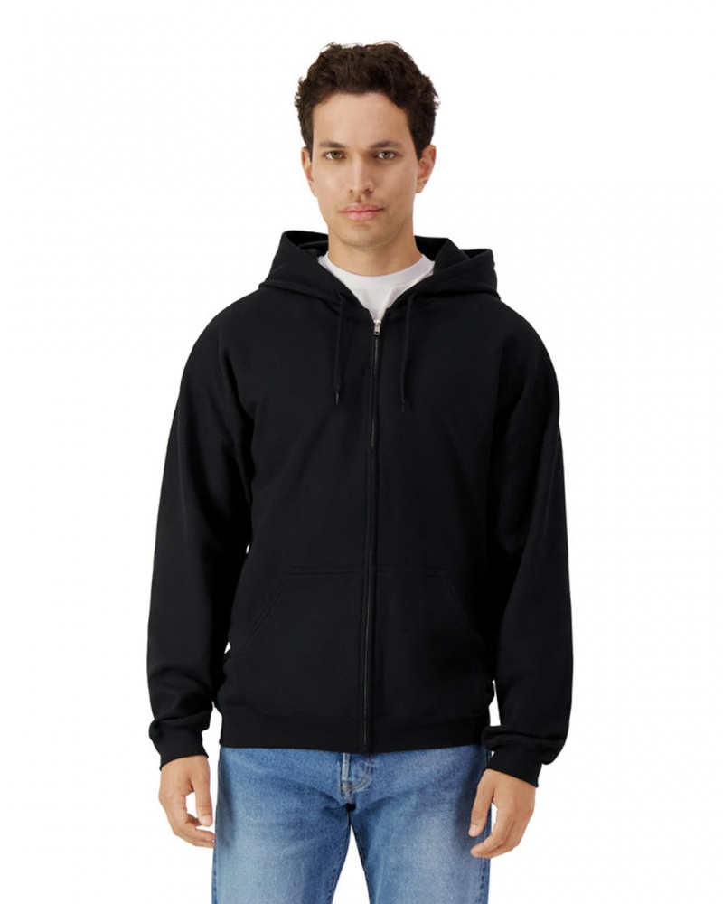 Black Men's Gildan SF600 Midweight Fleece Full Zip Hoodie Sweatshirt | AILP79015