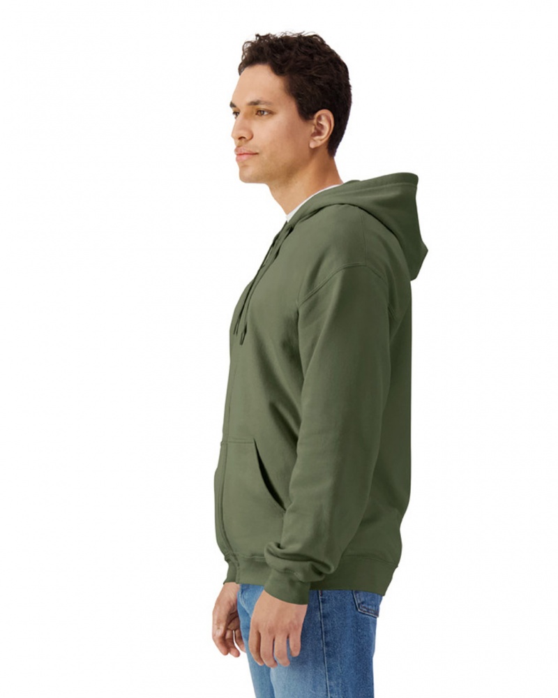 Military Green Men's Gildan SF600 Midweight Fleece Full Zip Hoodie Sweatshirt | UNLE89631