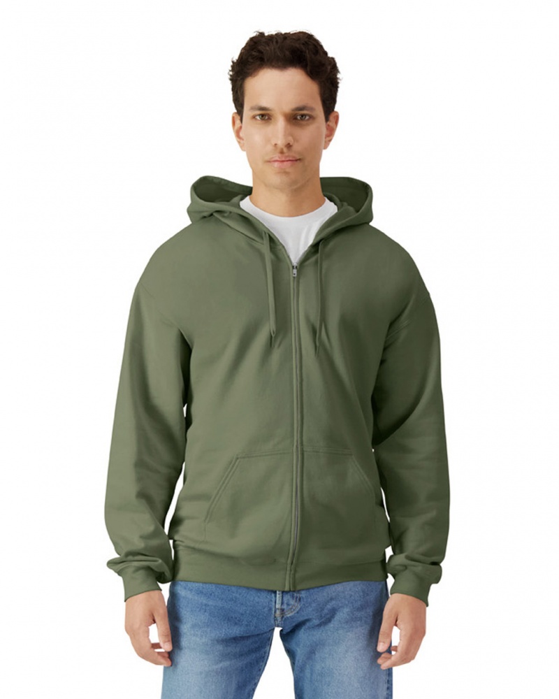 Military Green Men\'s Gildan SF600 Midweight Fleece Full Zip Hoodie Sweatshirt | UNLE89631