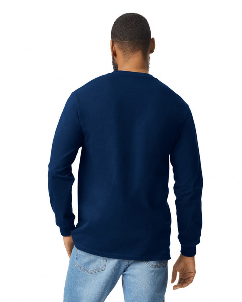 Navy Men's Gildan 2410 Long Sleeve with Pocket T-Shirts | YEUF41075