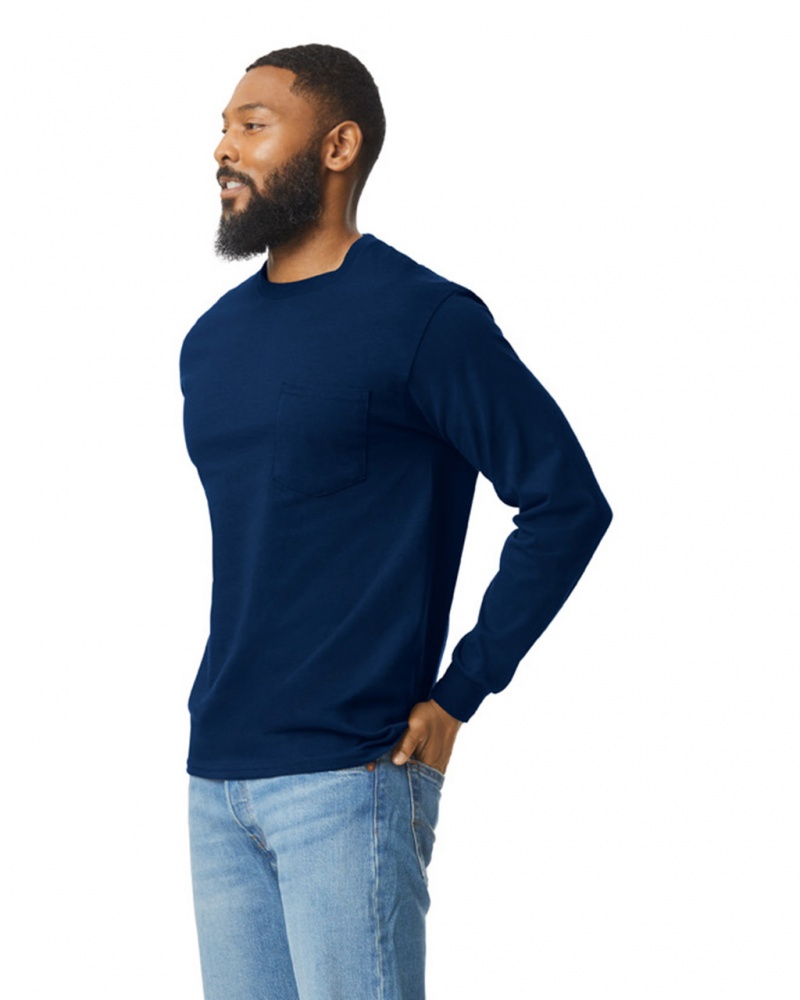 Navy Men's Gildan 2410 Long Sleeve with Pocket T-Shirts | YEUF41075