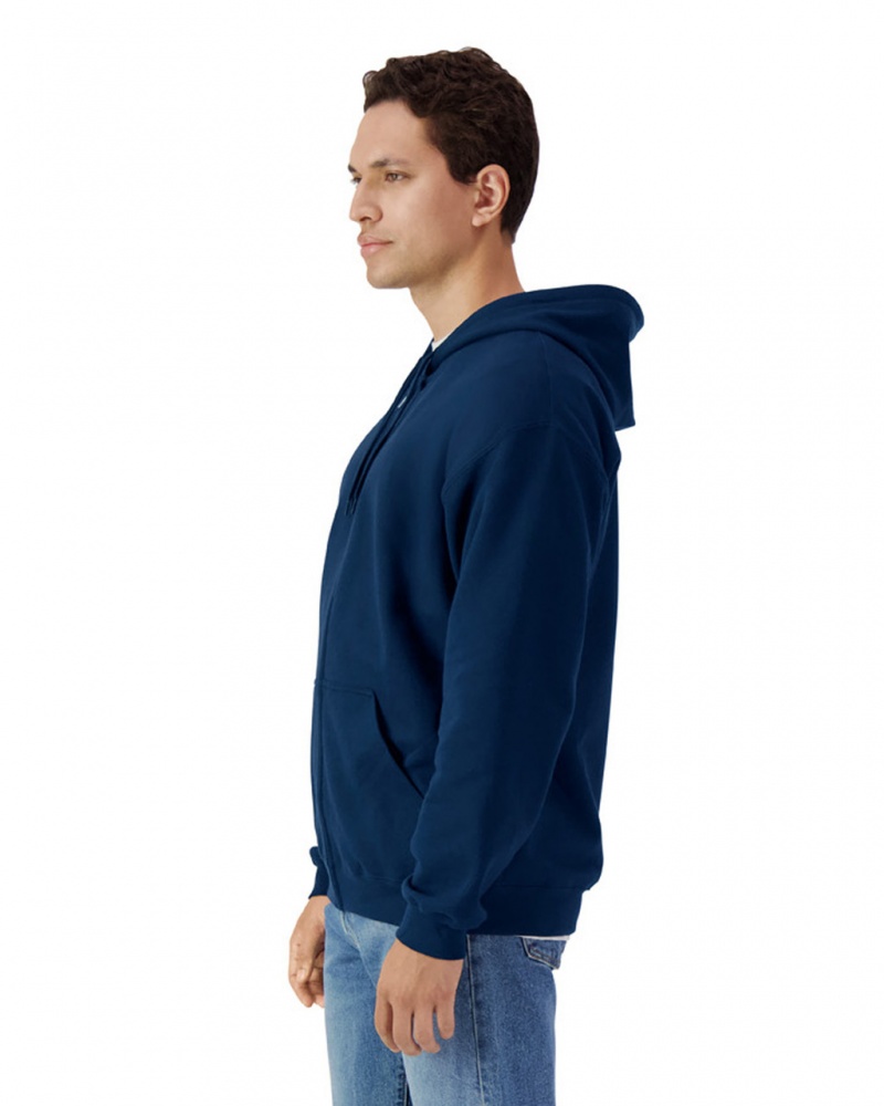 Navy Men's Gildan SF600 Midweight Fleece Full Zip Hoodie Sweatshirt | USXR84256