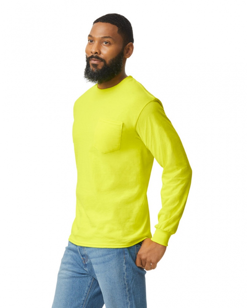 Safety Green Men's Gildan 2410 Long Sleeve with Pocket T-Shirts | CNOX63408