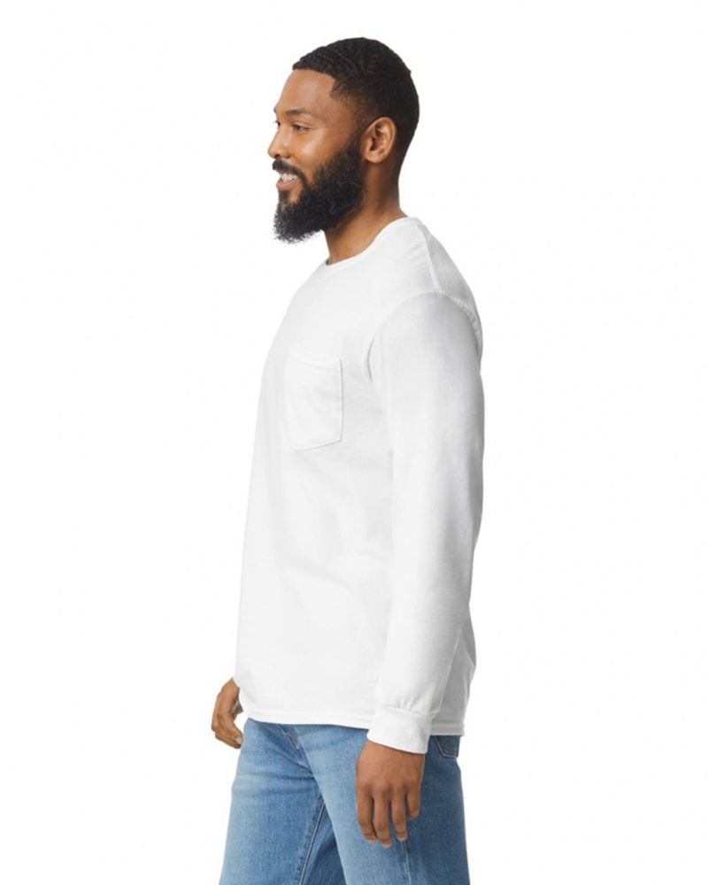 White Men's Gildan 2410 Long Sleeve with Pocket T-Shirts | ANIO91485