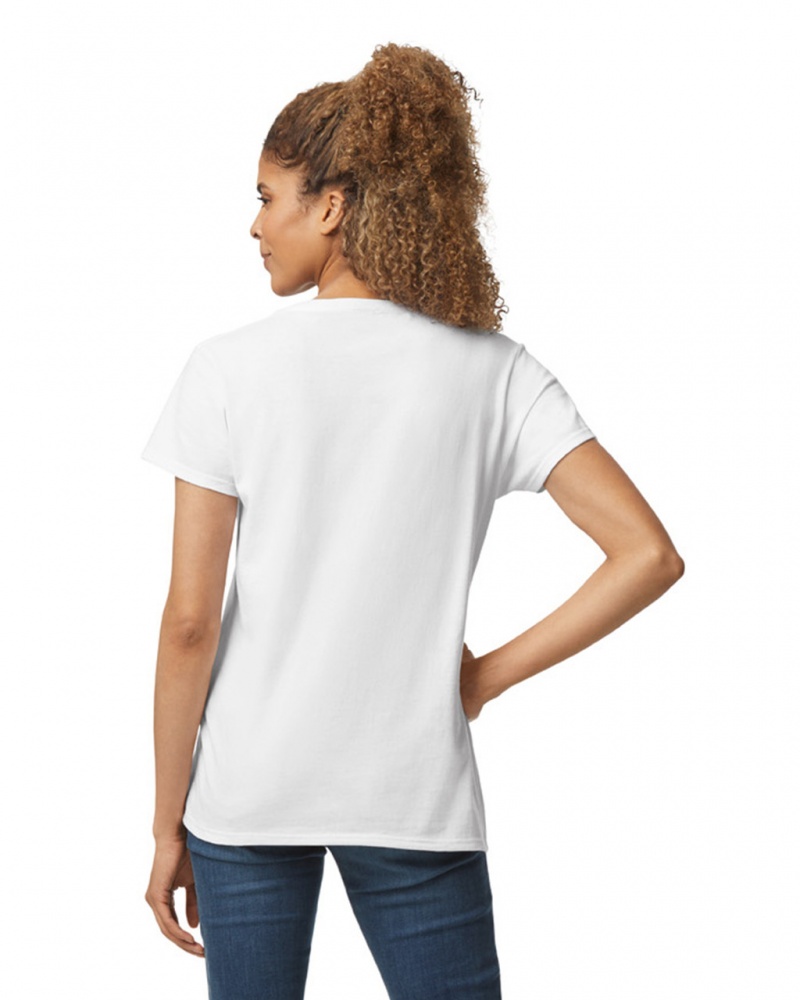 White Women's Gildan 5V00L V-Neck T-Shirts | WKHI75936