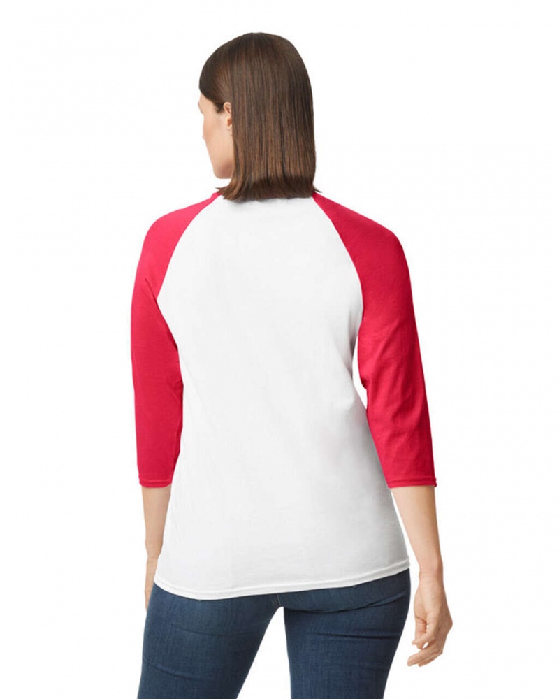 White / Red Women's Gildan 5700 3/4 Raglan T-Shirts | UEJM96045