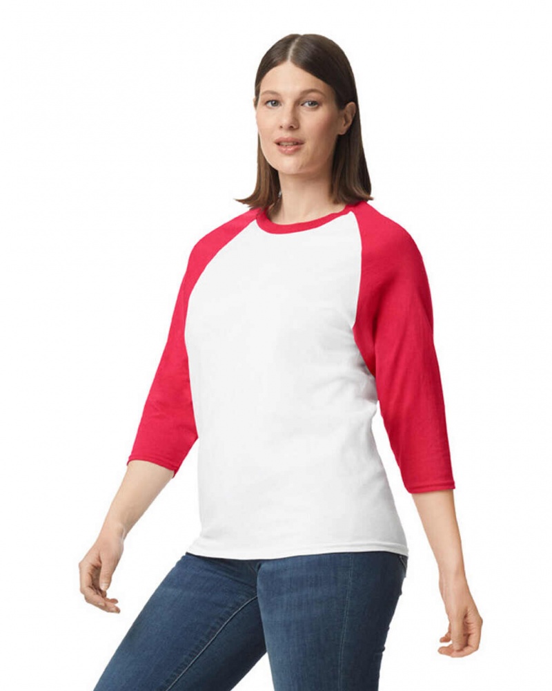 White / Red Women's Gildan 5700 3/4 Raglan T-Shirts | UEJM96045