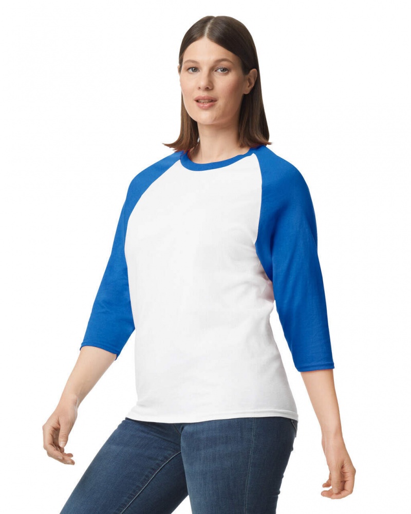 White / Royal Women's Gildan 5700 3/4 Raglan T-Shirts | QVYE67835