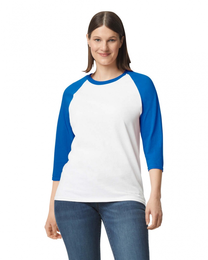 White / Royal Women\'s Gildan 5700 3/4 Raglan T-Shirts | QVYE67835